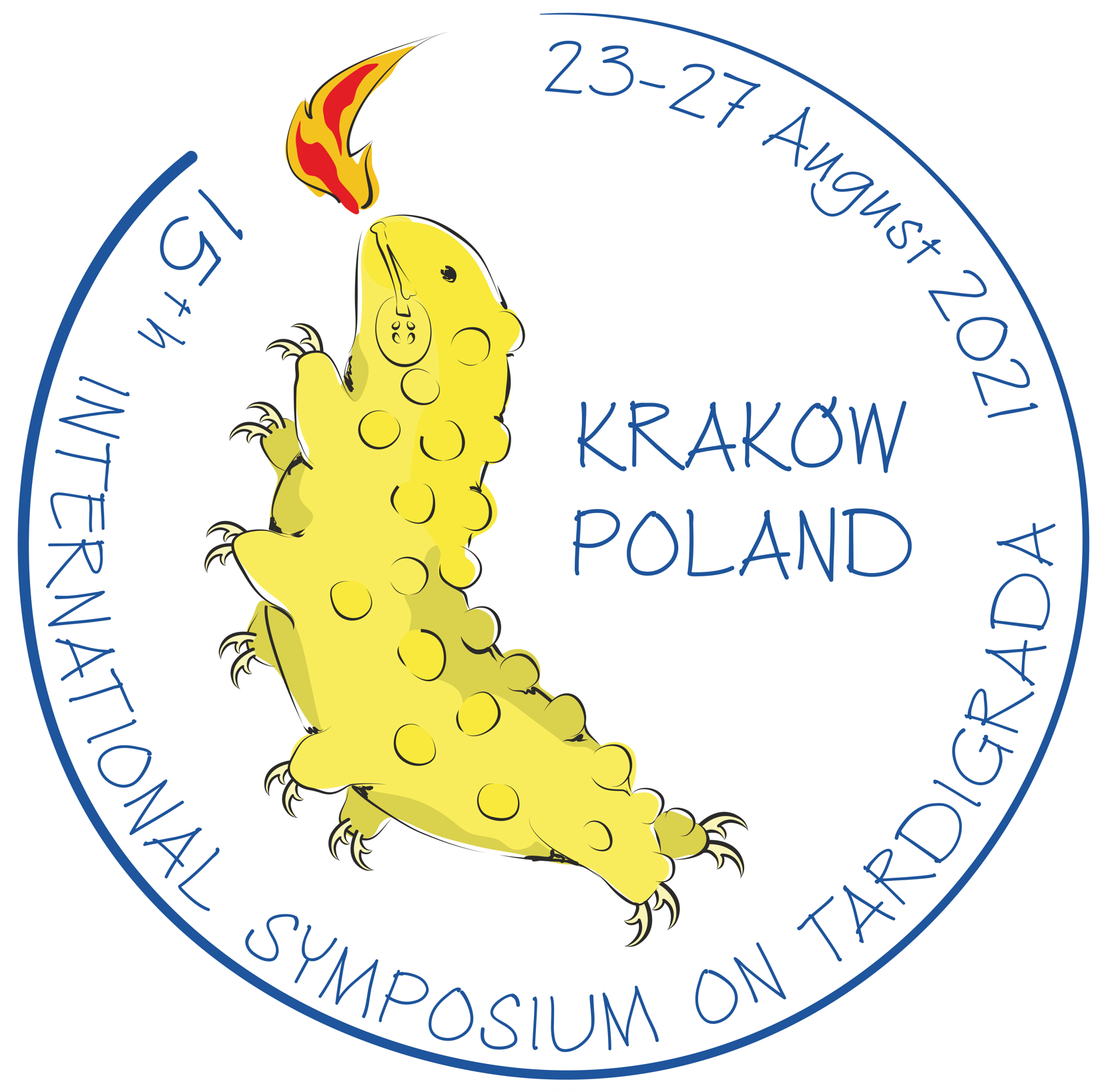 ogo of the 15th International Symposium on Tardigrada in Kraków, Poland, 22nd-26th of August 2022, showing an individual of Doryphoribius dawkinsi, a yellow parachelan eutardigrade with dorsal gibbosities, breathing fire, stylised as the statue of the Wawel Dragon at the foot of the Wawel Hill in Kraków. Font and flame colours represent the colours of the Jagiellonian University logo. Concept and design: Łukasz Michalczyk, artwork: Kamil Janelt (Silesia University) & Łukasz Michalczyk (Jagiellonian University). CLICK TO ENLARGE THE IMAGE.